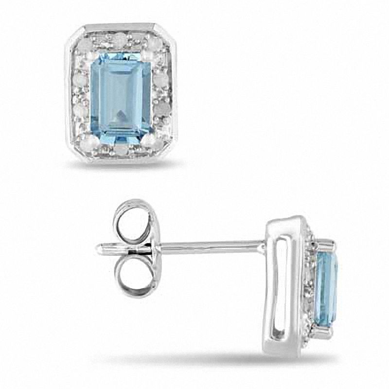 Emerald-Cut Aquamarine and Diamond Accent Stud Earrings in Sterling Silver