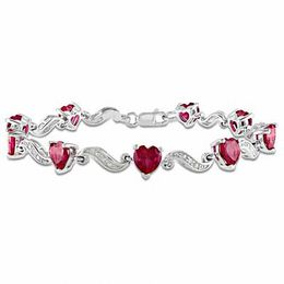 6.0mm Heart-Shaped Lab-Created Ruby and Diamond Accent Bracelet in Sterling Silver