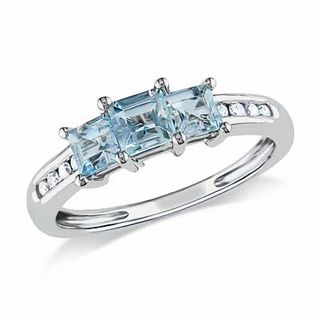 4.0mm Princess-Cut Aquamarine and 0.10 CT. T.W. Diamond Three Stone Ring in 10K White Gold