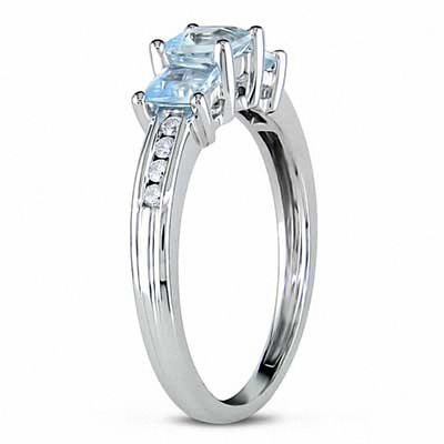 4.0mm Princess-Cut Aquamarine and 0.10 CT. T.W. Diamond Three Stone Ring in 10K White Gold