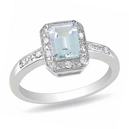 Emerald-Cut Aquamarine and Diamond Accent Ring in Sterling Silver