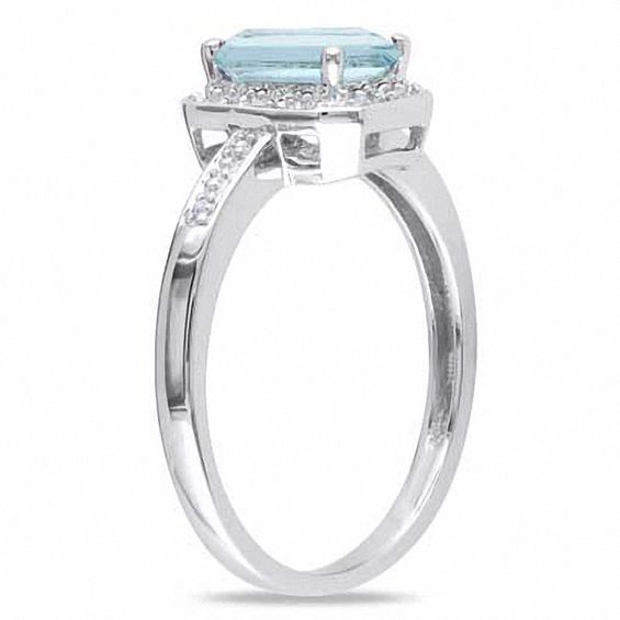 Emerald-Cut Aquamarine, and Diamond Accent Ring in Sterling Silver ...