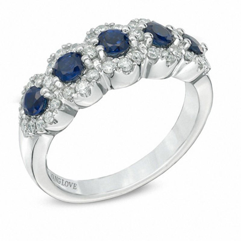 Vera Wang Love Collection Blue Sapphire and 0.38 CT. T.W. Diamond Five Stone Frame Ring in 14K White Gold|Peoples Jewellers
