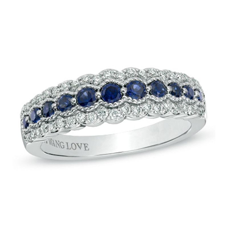 Vera Wang Love Collection Blue Sapphire and 0.21 CT. T.W. Diamond Anniversary Band in 14K White Gold
