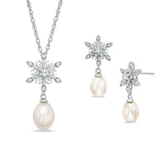 6.0-7.5 Freshwater Cultured Pearl and Lab-Created White Sapphire Pendant and Earrings Set in Sterling Silver