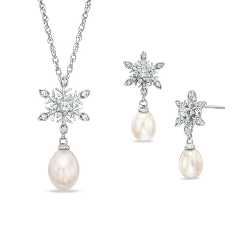 6.0-7.5 Freshwater Cultured Pearl and Lab-Created White Sapphire Pendant and Earrings Set in Sterling Silver|Peoples Jewellers