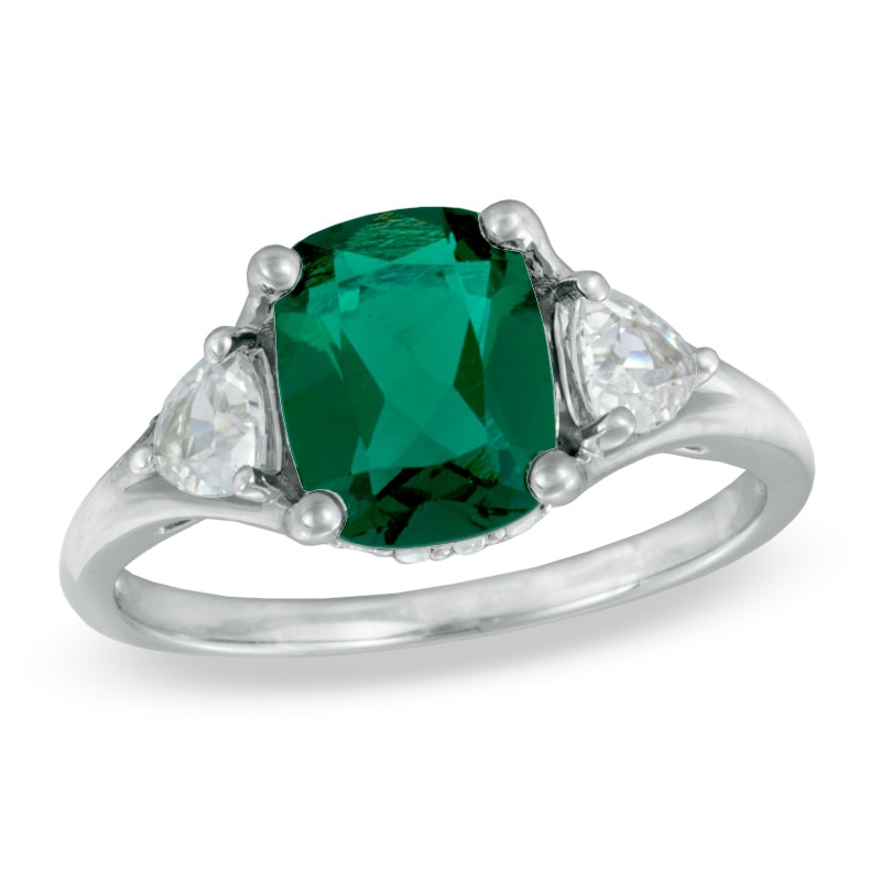 Cushion-Cut Lab-Created Emerald, White Sapphire and Diamond Accent Ring in 10K White Gold