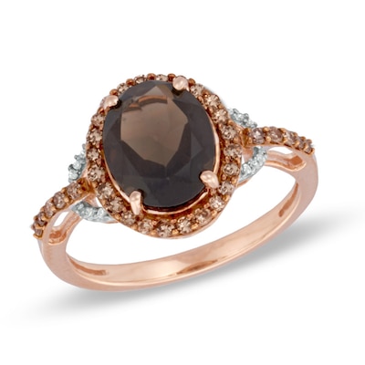 Oval Smoky Quartz and 0.30 CT. T.W. Enhanced Champagne and White Diamond Ring in 10K Rose Gold