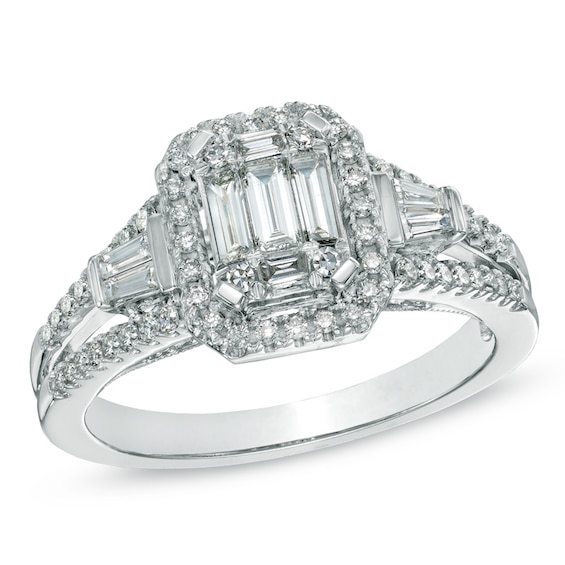 0.75 CT. T.W. Multi-Baguette Diamond Frame Engagement Ring in 14K White ...