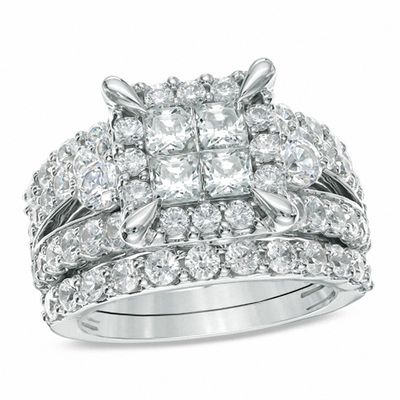 4.00 CT. T.W. Quad Princess-Cut Diamond Frame Bridal Set in 14K White Gold