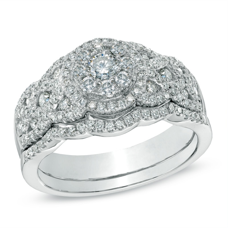 Main Image 1 of 1.00 CT. T.W. Diamond Cluster Twisting Bridal Set in 14K White Gold