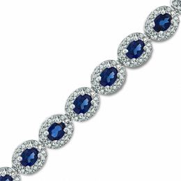 Oval Blue Lab-Created Sapphire and 0.075 CT. T.W. Diamond Bracelet in Sterling Silver - 7.5&quot;