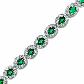 Oval Lab-Created Emerald and 0.075 CT. T.W. Diamond Bracelet in Sterling Silver - 7.5"