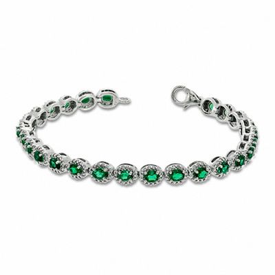 Oval Lab-Created Emerald and 0.075 CT. T.W. Diamond Bracelet in Sterling Silver - 7.5"