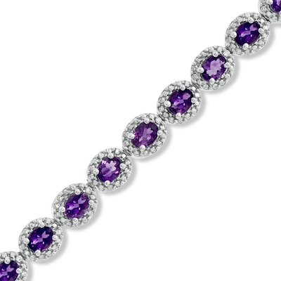 Oval Amethyst and 0.075 CT. T.W. Diamond Bracelet in Sterling Silver - 7.5"