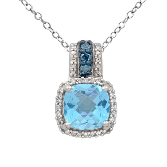 7.0mm Cushion-Cut Blue Topaz and 0.13 CT. T.W. Enhanced Blue and White Diamond Pendant in 10K White Gold