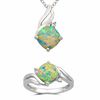 8.0mm Cushion-Cut Lab-Created Opal and White Sapphire Pendant and Ring Set in Sterling Silver - Size 7