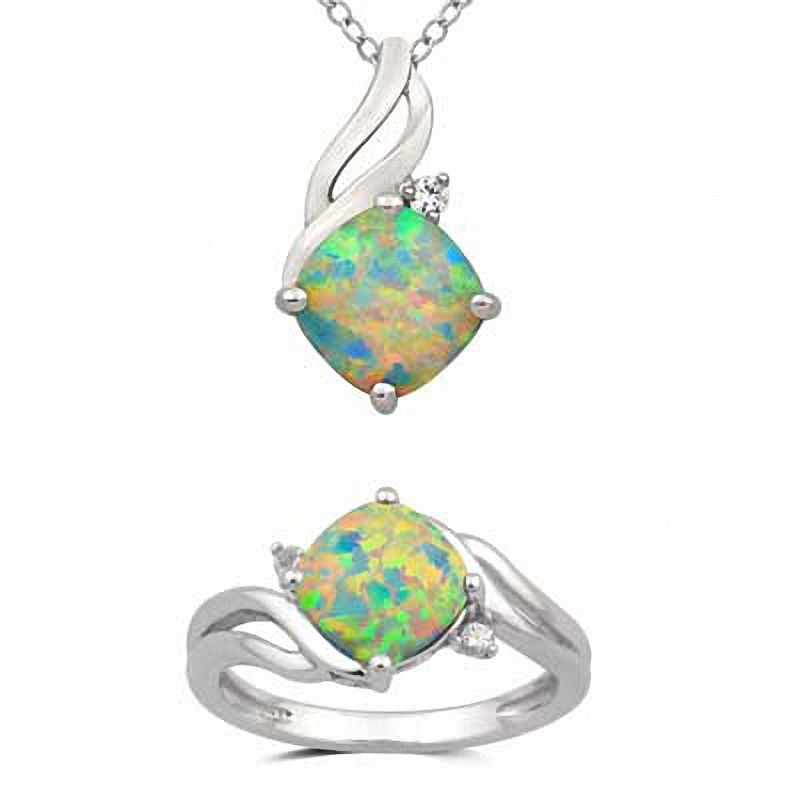 8.0mm Cushion-Cut Lab-Created Opal and White Sapphire Pendant and Ring Set in Sterling Silver - Size 7|Peoples Jewellers