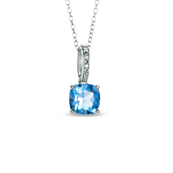 8.0mm Cushion-Cut Blue Topaz and Diamond Accent Pendant in Sterling Silver