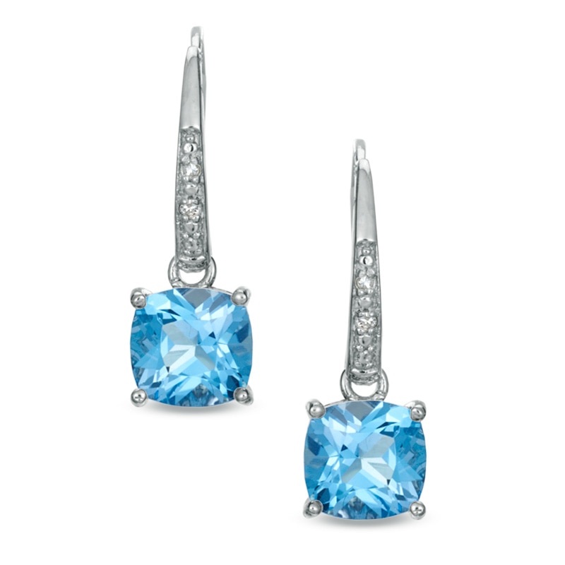 7.0mm Cushion-Cut Swiss Blue Topaz and Diamond Accent Drop Earrings in Yellow Rhodium Sterling Silver|Peoples Jewellers