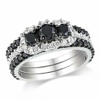 2.00 CT. T.W. Enhanced Black and White Diamond Striped Bridal Set in 10K White Gold