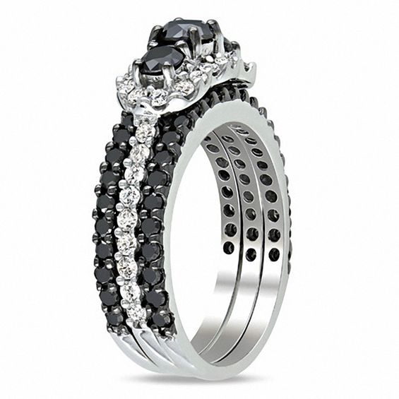 2.00 CT. T.W. Enhanced Black and White Diamond Striped Bridal Set in 10K White Gold