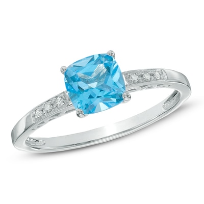 6.0mm Cushion-Cut Swiss Blue Topaz and Diamond Accent Ring in 10K White Gold