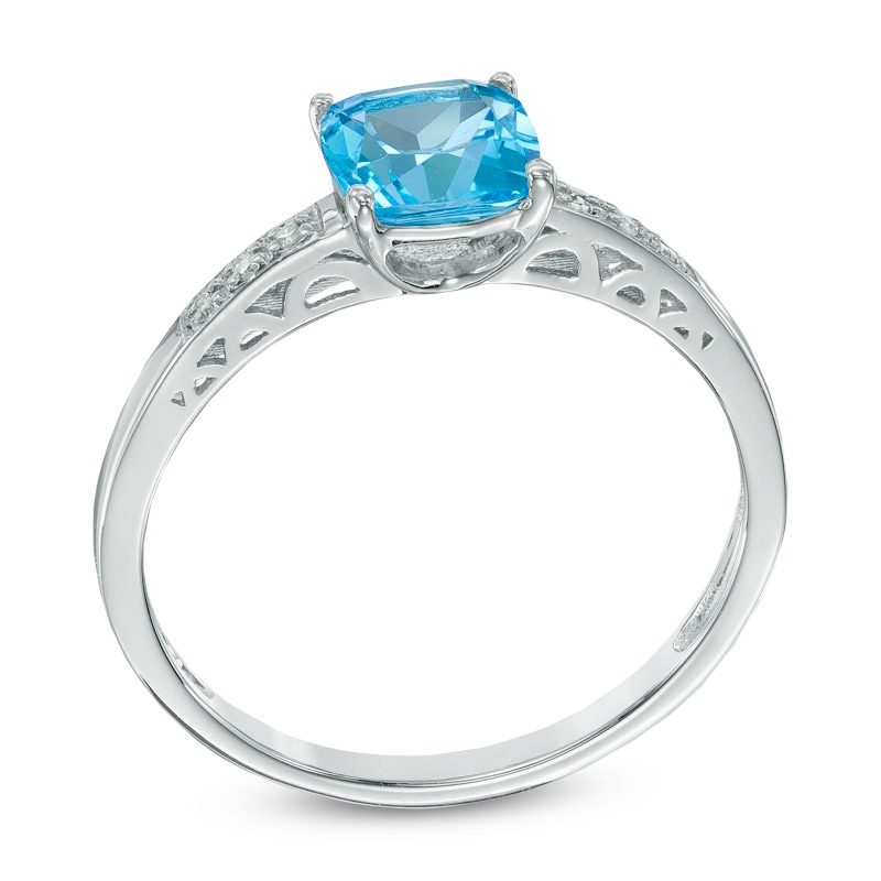 6.0mm Cushion-Cut Swiss Blue Topaz and Diamond Accent Ring in 10K White Gold