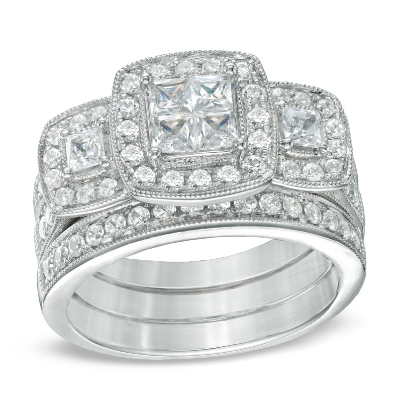 1.50 CT. T.W. Princess-Cut Quad Diamond Three Piece Bridal Set in 14K White Gold|Peoples Jewellers