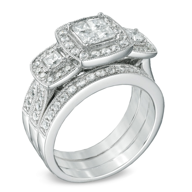 1.50 CT. T.W. Princess-Cut Quad Diamond Three Piece Bridal Set in 14K White Gold