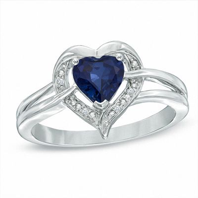 6.0mm Heart-Shaped Lab-Created Sapphire and Diamond Accent Ring in Sterling Silver