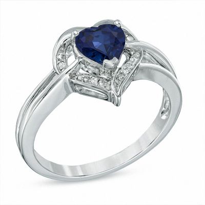 6.0mm Heart-Shaped Lab-Created Sapphire and Diamond Accent Ring in Sterling Silver