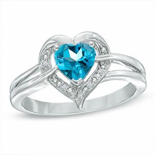 6.0mm Heart-Shaped Blue Topaz and Diamond Accent Ring in Sterling Silver