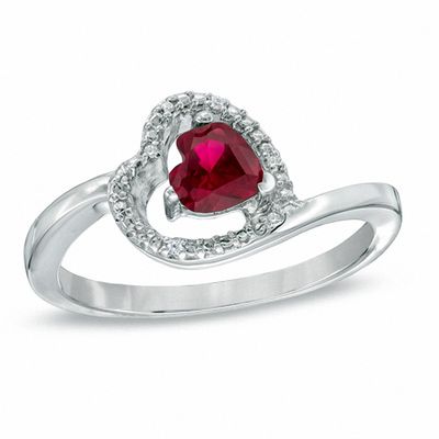 5.0mm Sideways Heart-Shaped Lab-Created Ruby and Diamond Accent Ring in Sterling Silver