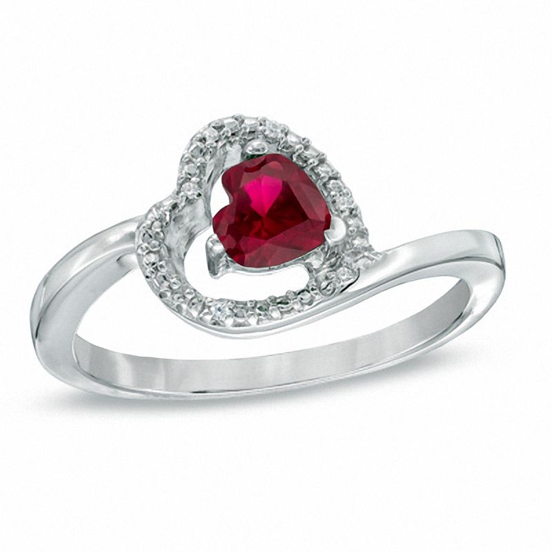 5.0mm Sideways Heart-Shaped Lab-Created Ruby and Diamond Accent Ring in Sterling Silver|Peoples Jewellers