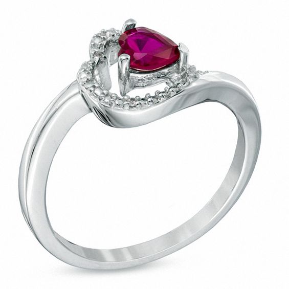 5.0mm Sideways Heart-Shaped Lab-Created Ruby and Diamond Accent Ring in Sterling Silver