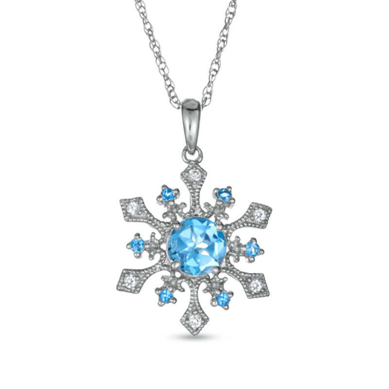 6.0mm Blue Topaz and Lab-Created White Sapphire Snowflake Pendant in ...