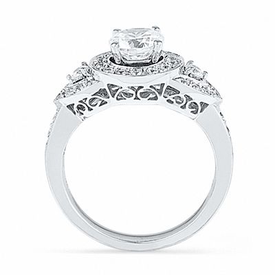 1.50 CT. T.W. Diamond Frame Three Stone Bridal Set in 14K White Gold