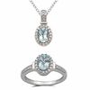 Oval Aquamarine and Lab-Created White Sapphire Pendant and Ring Set in Sterling Silver - Size 7