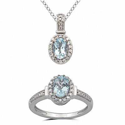 Oval Aquamarine and Lab-Created White Sapphire Pendant and Ring Set in Sterling Silver - Size 7