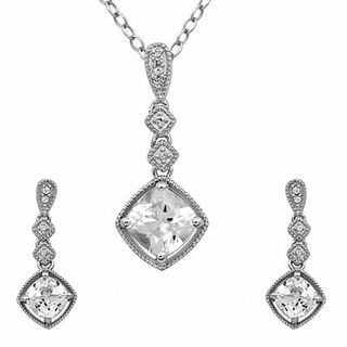 7.0mm Cushion-Cut Lab-Created White Sapphire Pendant and Earrings Set in Sterling Silver