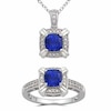 6.0mm Cushion-Cut Lab-Created Ceylon and White Sapphire Pendant and Ring Set in Sterling Silver - Size 7