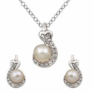 6.0-7.0mm Freshwater Cultured Pearl and Lab-Created White Sapphire Pendant and Earrings Set in Sterling Silver