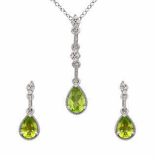 Pear-Shaped Peridot and Lab-Created White Sapphire Pendant and Earrings Set in Sterling Silver