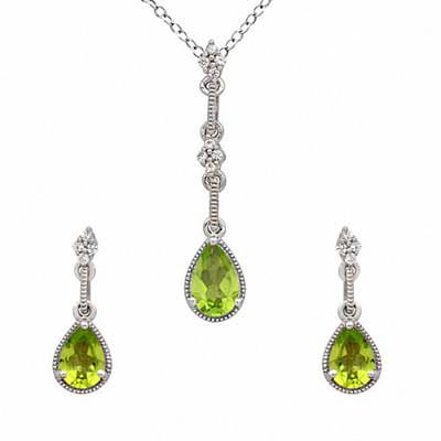 Pear-Shaped Peridot and Lab-Created White Sapphire Pendant and Earrings Set in Sterling Silver