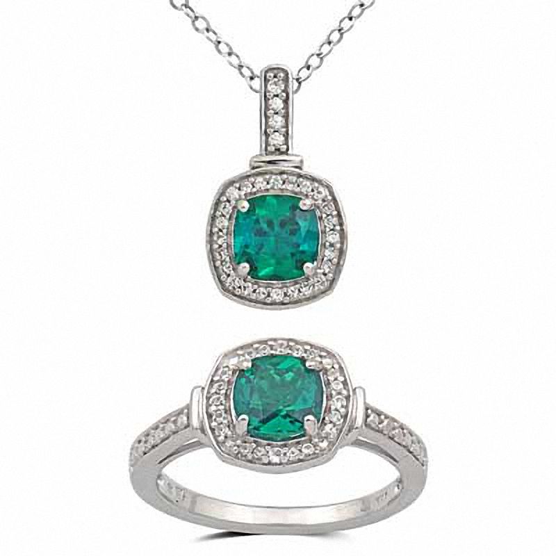 6.0mm Cushion-Cut Lab-Created Emerald and Lab-Created White Sapphire Pendant and Ring Set in Sterling Silver - Size 7