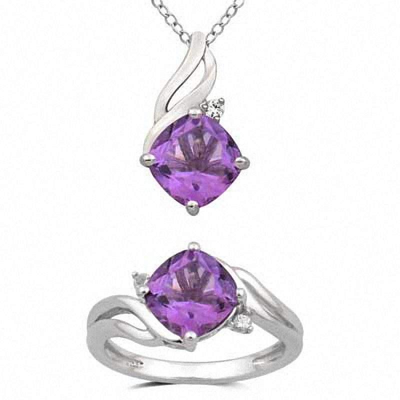 8.0mm Cushion-Cut Amethyst and Lab-Created White Sapphire Pendant and Ring Set in Sterling Silver - Size 7