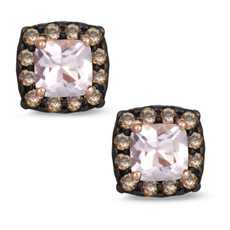 4.0mm Cushion-Cut Morganite and 0.16 CT. T.W. Enhanced Champagne Diamond Stud Earrings in 10K Rose Gold