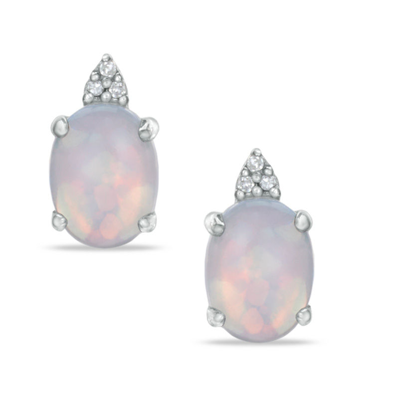 Oval Lab-Created Opal and Diamond Accent Stud Earrings in 10K White Gold|Peoples Jewellers