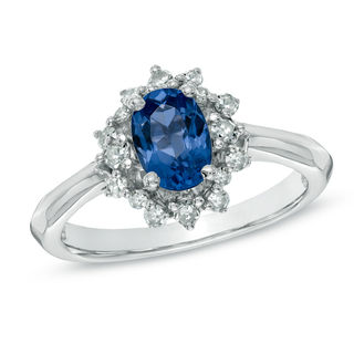 Oval Blue Sapphire and 0.12 CT. T.W. Diamond Ring in 10K White Gold